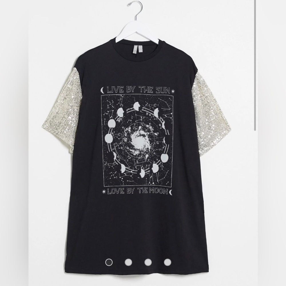 ASOS Black Graphic Tee Dress with Silver Sequin Sleeves